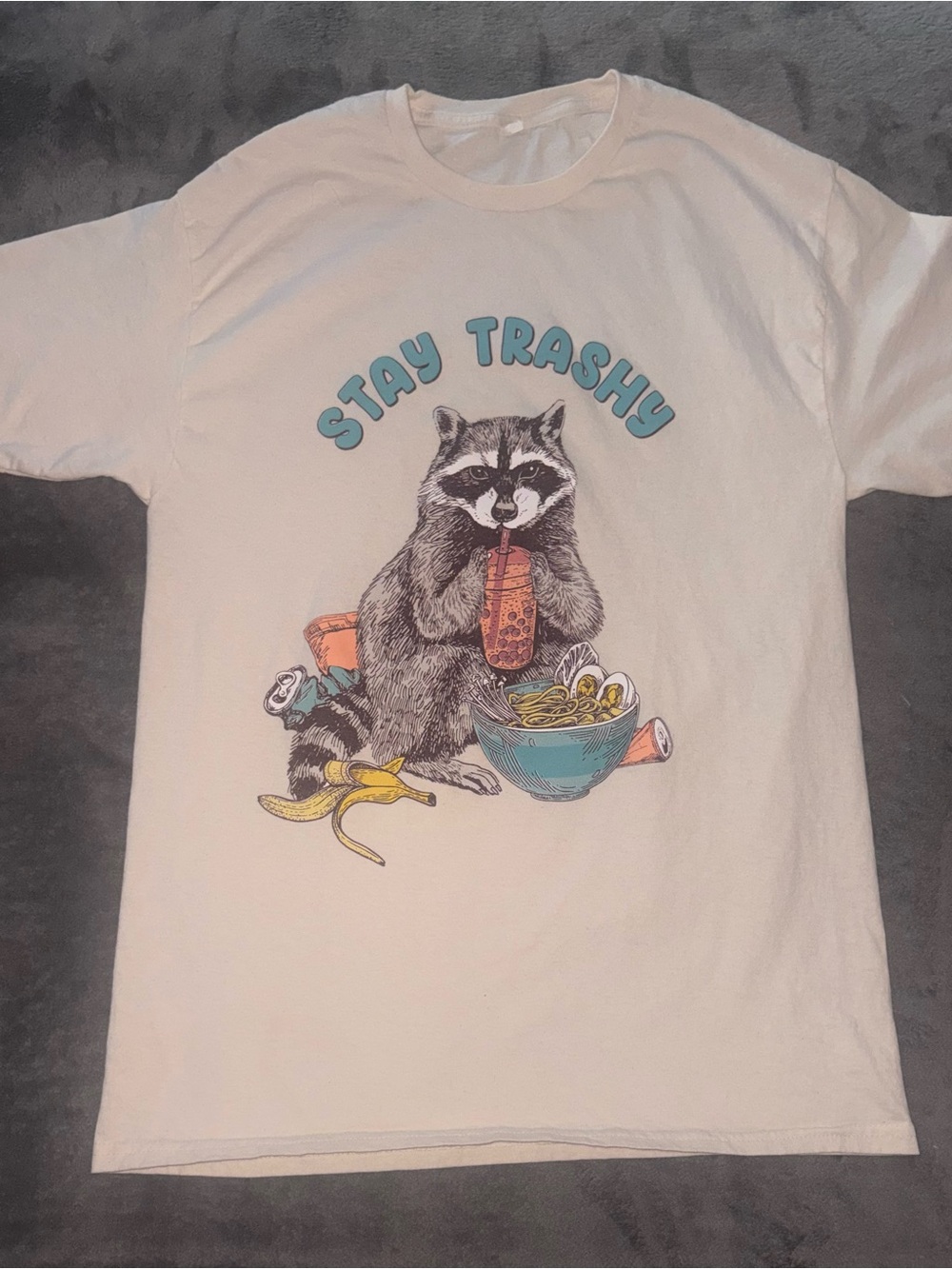 Stay Trashy Raccoon Graphic Tee - White Women’s Short Sleeve